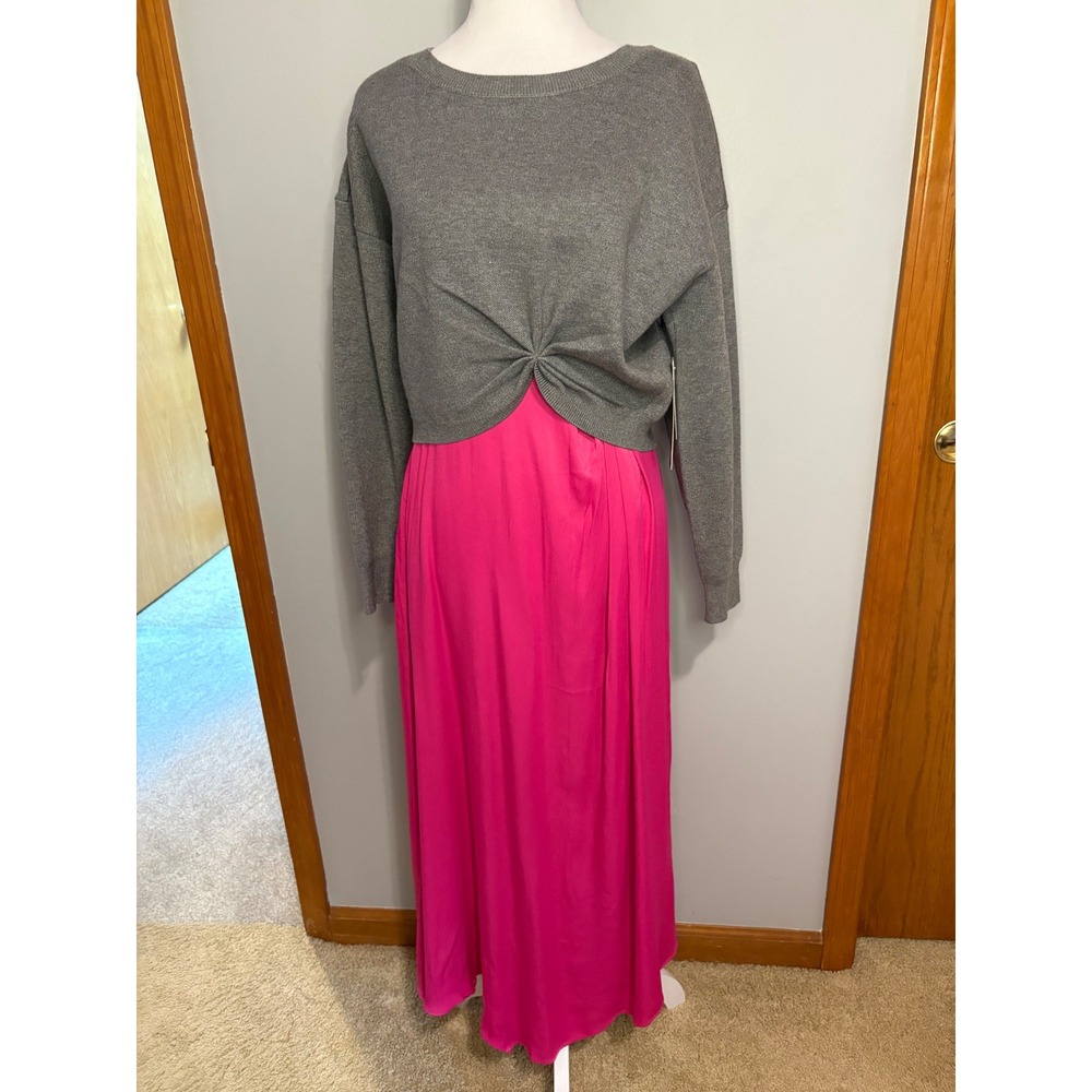 Anthropologie Gemini Twofer Sweater Dress Set Grey pink asymmetrical maxi